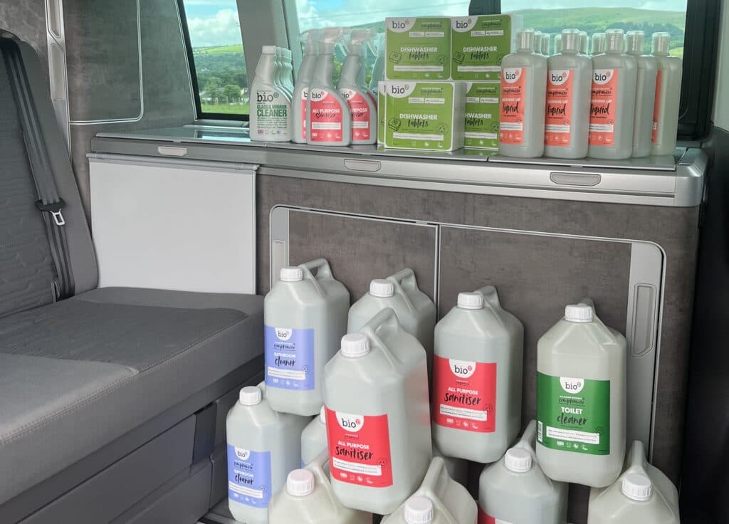 All the eco-friendly products four seasons campers use such as anti bac, bathroom cleaner, glass cleaner