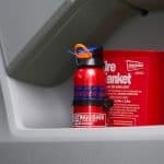 Showing a fire blanket and fire extinguisher