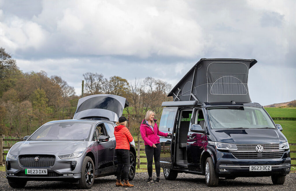 customer in car arriving at campervan with pop up roof at Four Seasons Campers Scotland