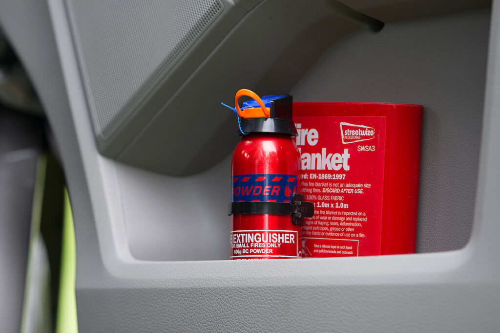 fire extinguisher and fire blanket in campervan when hire with Four Seasons Campers campervan hire scotland