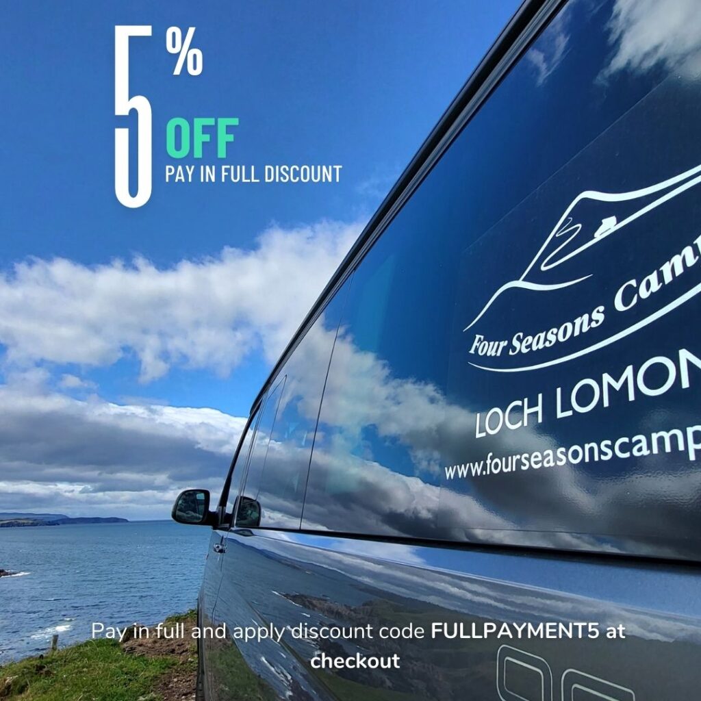 campervan and sea and blue sky for 5% off campervan hire with Four Seasons Campers Scotland