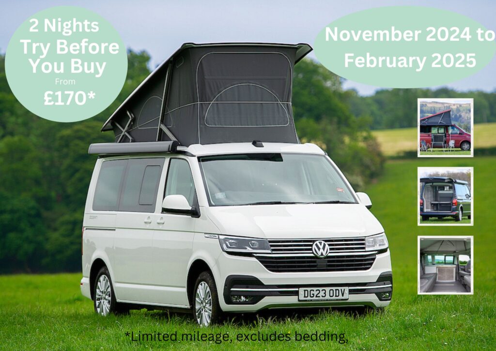 white campervan with pop up roof in field for try before you buy campervan hire with Four Seasons Campers Scotland