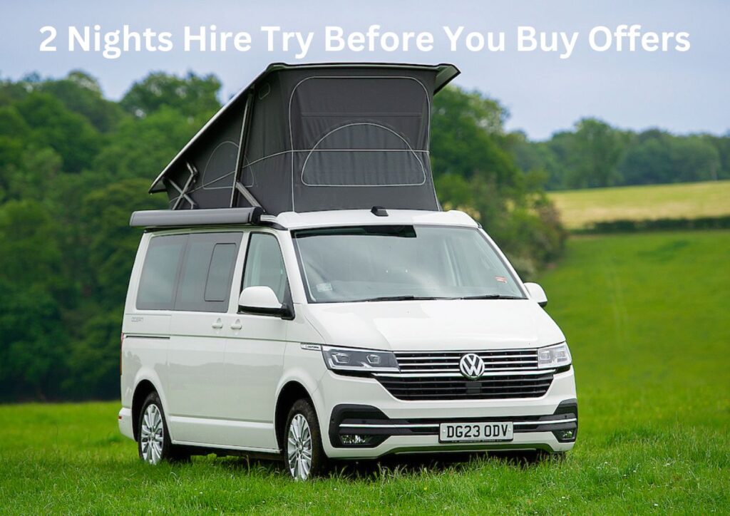 Test drive white campervan for sale in field with pop up roof at Four Seasons Campers Scotland