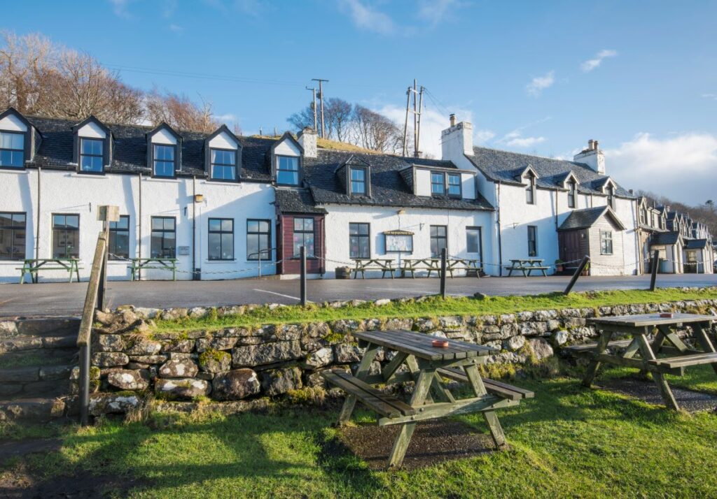 Applecross Inn at Applecross in Scotland on NC500 road route with picnic bench