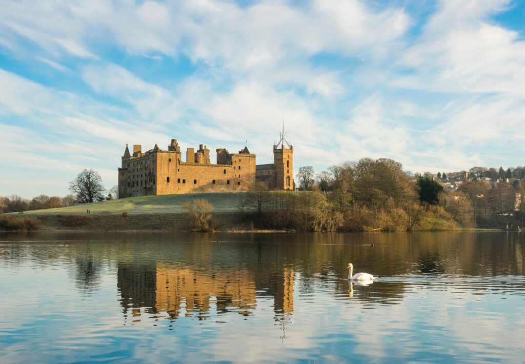 Linlithgow Palace with Linlithgow loch in Scotland near Edinburgh