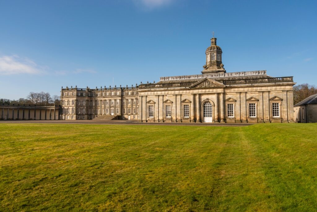 Hopetoun House by Edinburgh in Scotland with lawn and tower