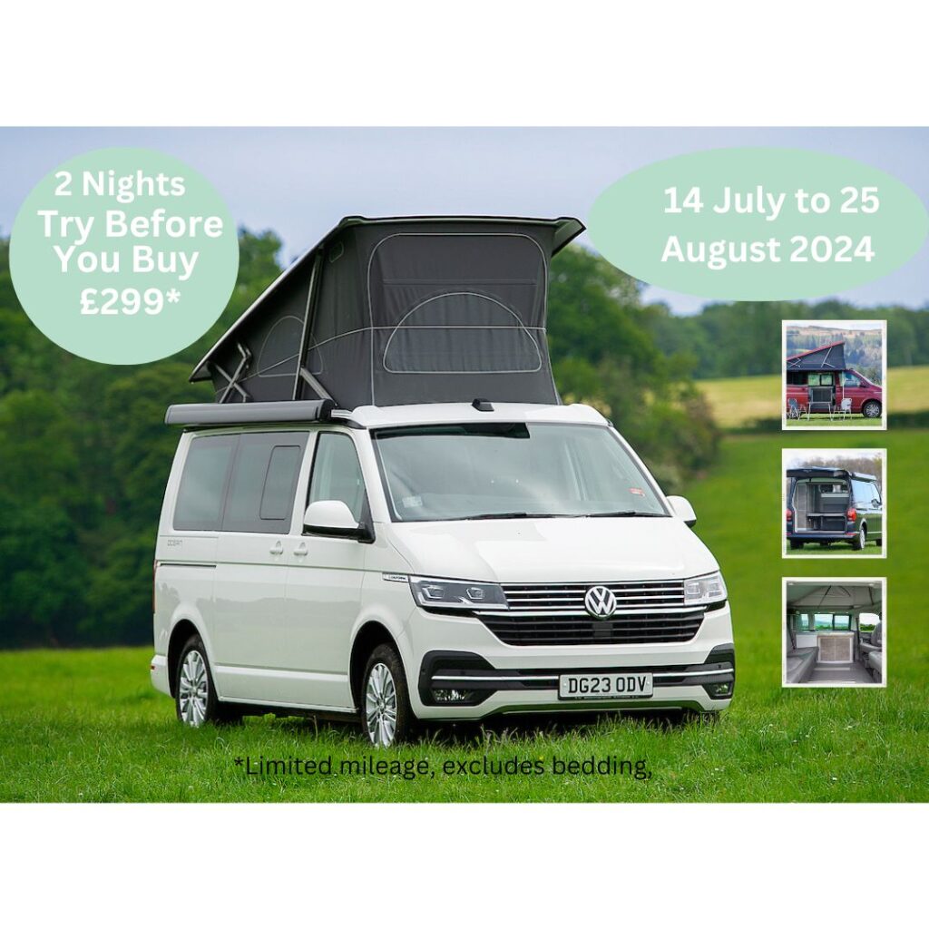 White campervan with pop up roof try before you buy deal for VW campervan for sale Four Seasons Campers Scotland