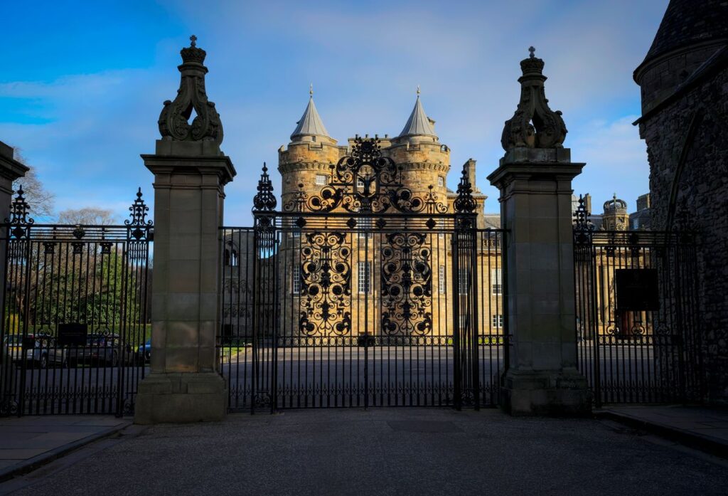 Holyrood palace in Edinburgh with exteiror gates and towers