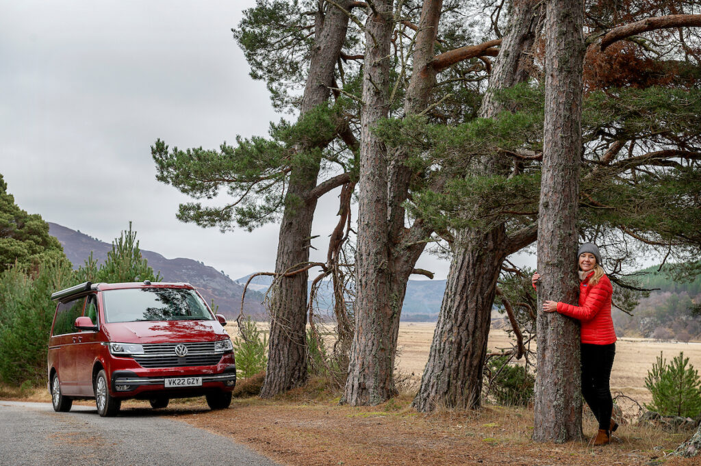 campervan with caledonian pine trees and Liz owner Four Seasons Campers