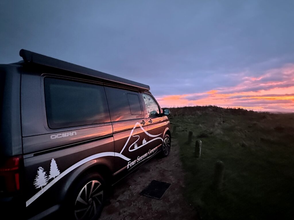 Four Seasons Campers campervan overlooking Elie Lady's Tower at sunrise