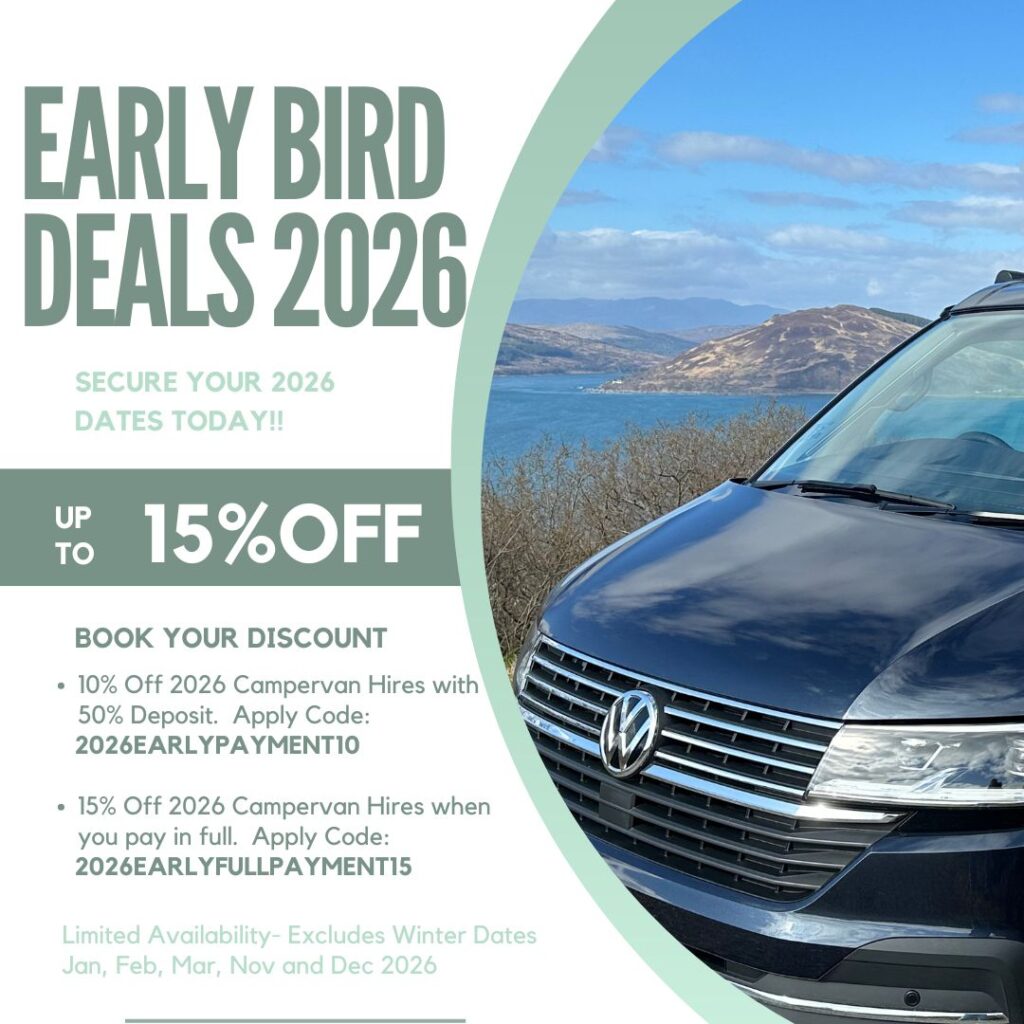 Early booking discount for campervan hire Scotland – special offer on VW California Ocean campervan rental